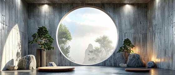 Aufkleber - On a natural background, a 3D rendering of an empty concrete room with a large circle window and round podium for product presentation is shown.