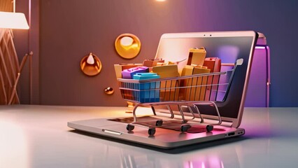 Poster - Shopping cart with gift boxes on laptop. 3d illustration, Shopping cart and shopping bags on laptop. Online shopping concept, AI Generated