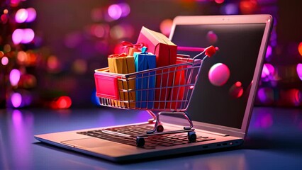 Poster - Shopping cart with gift boxes on laptop screen. 3d illustration, Shopping cart and shopping bags on laptop. Online shopping concept, AI Generated