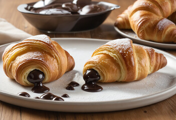 two croissants with chocolate breakfast dessert