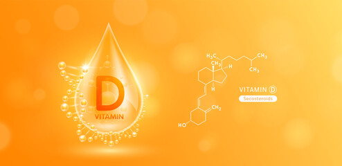 Drop water serum solution vitamin D or Secosteroids surrounded by DNA and chemical structure. Vitamins complex with molecule atom from nature orange. Nutrition skin care cosmetics banner. Vector.