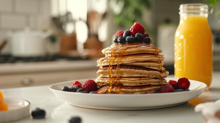 Wall Mural - Bright Kitchen Scene with a White Countertop Featuring a Plate of Stacked Pancakes Drizzled with Maple Syrup and Berries, Accompanied by a Jar of Orange Juice on the Side