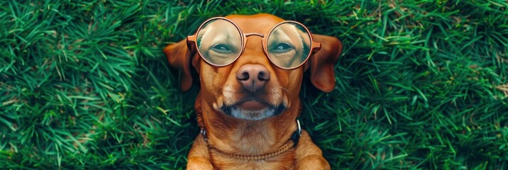 Funny dog wearing round eyeglasses against green grass background, April fools' day concept