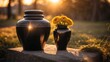 Elegant black urn containing ashes, a solemn memento of a life remembered. 