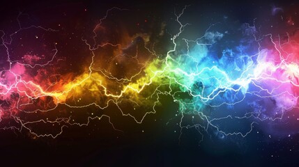 Wall Mural - Energy and power concept with lightning bolts and electric arcs on a black background with rainbow colors.