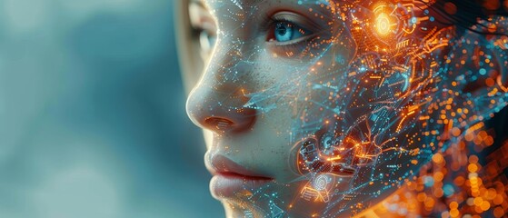 Fototapete - Brain that communicates with the network and analyses data and robot or cyborg head. 3