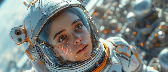 Aufkleber - The robot or cyborg woman in superhero iron suit is flying high above a futuristic city. Super hero character with jetpack rocket engine takes off into the sky in 3D.