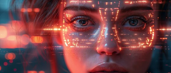 Poster - Computer abstract background with neon square frame and AI face. 3D geometric shapes in cyberspace. Artificial intelligence head. Abstract digital computer banner.