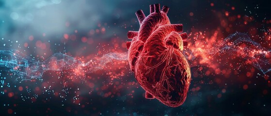 Poster - A red abstract human heart. Anatomy of the human heart. Healthcare medical concept. Geometric background. Wireframe light connection structure. Modern 3D graphic concept.  illustration.