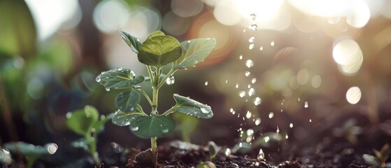 Wall Mural - Plant Growing Concept - Hand Watering Young Plants With Flares