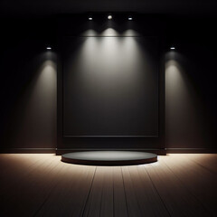 Wall Mural - Experience the allure of an empty stage, bathed in the glow of a powerful spotlight. The wooden floor and black walls create a captivating atmosphere, ideal for showcasing products or creating logo