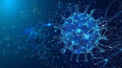 Aufkleber - Abstract  3d microbe isolated on blue background. Computer virus, allergy bacteria, medical healthcare, microbiology concept. Disease germ, pathogen organism, infectious micro virology.