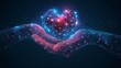 Icon mesh illustration of a 3D heart in a hand palm, human handbreadths and connected dots as a kind gesture.