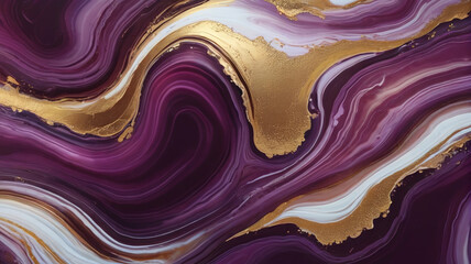 Liquid marble in purple and gold colors as a background. Generative AI.

