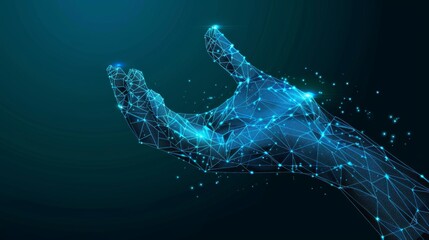 Fototapete - An abstract hand gives a gift. Design concept in low poly. Blue geometric background. Wireframe light connection structure. Modern graphic concept.  illustration.