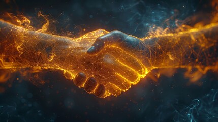 Wall Mural - Abstract image of two hands handshake in the shape of flames. Image isolated on a dark background. Low poly wireframe. Particles are connected in geometric shapes.