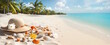 Tropical sunny beach,  straw hat with  seashells on the white sand, free space for text, banner,  Summer holiday concept.