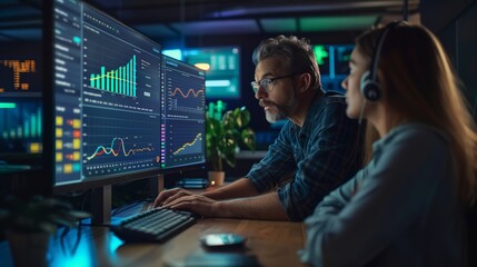 Aufkleber - Financial Analysts Monitoring Data on Screens. Two financial analysts focused on monitoring live data on computer screens in a dark office.