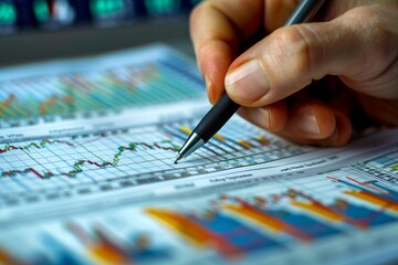 Poster - Analyzing Financial Data with Pen on Paper. Close-up of hand marking statistics with a pen on financial charts and graphs.