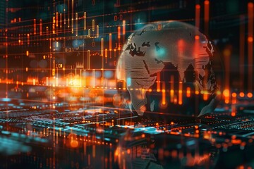 Poster - Digital Financial Analytics on Global Scale. Digital composite of a futuristic global financial analytics display with graphs and stock market data.