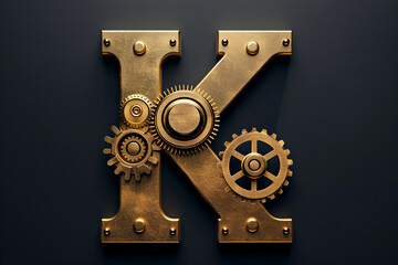 Metallic 3D steampunk alphabet, initial letter K with gears and metal texture isolated on black background. mechanical clockwork abc, beautiful unique font design for poster, banner, movie etc.  