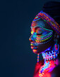 Fashion editorial Concept. Closeup portrait of black woman with face of bright colourful retro beads rhinestone mirror resin, shiny sequin glitter makeup and neon lighting. copy text space	
