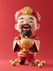 Cute Chinese God of wealth, holding a large shiny gold ingot in his hand