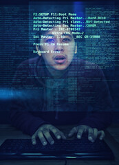 Poster - Code, man and typing with with programming, holographic and hacker with industry and server. Person, dark room and keyboard with guy and holographic with software development, app and cyber security