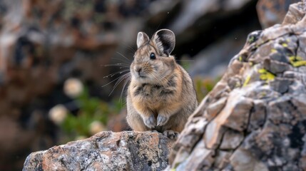 A small rodent, akin to an American Pika, is perched on a rock, displaying its natural behavior. The rodent appears alert and observant as it sits atop the rocky surface.