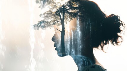 Poster - A woman with an intricately detailed tree superimposed over her head, symbolizing a deep connection with nature and growth. The tree branches intertwine with her hair, creating a stunning visual repre