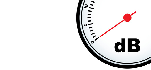 Circular analog dB meter. Decibel, referred to as dB, unit of measurement for sound intensity. Decibels, logarithmic scale. For music, audio sound or loud, soft indication. concept of noise reduction.