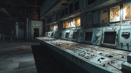 Poster - Generative AI Inside the control room at Chernobyl, control panels, abandoned consoles, eerie lighting, detailed linework, atmospheric scene
