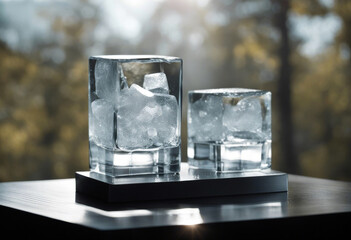 glass frozen podium Two ice natural transparent cube cold poduim ice water cube cold glasses blue drink glac