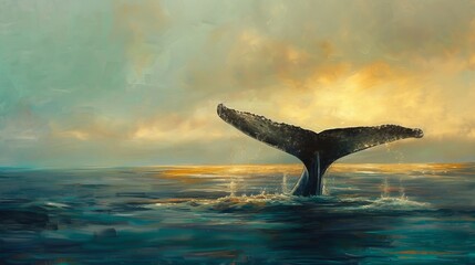 Wall Mural - Seascape with whale tail dripping with water on the surface of the sea or ocean, banner with copy space