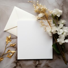 Sticker - Invitation card,  paper with flowers on wooden background