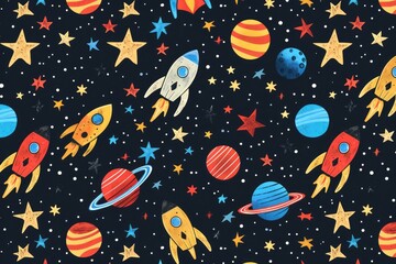 Wall Mural - Abstract space stars seamless pattern banner, wallpaper for kids, bright pastel colors over dark blue background. Wrapping paper for presents. Baby linen, clothes and products for children