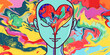 Mental health concept of human open head and heart inside. Cartoon colourful sketch.