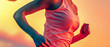 Close up of woman's body in motion. Female in sportswear running on the stadium road or trail with steam. Professional marathon runner. Sporty girl. Outdoor fitness banner. Jogging. Generative ai