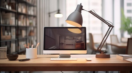 Poster - A modern desktop computer on a wooden desk, perfect for office or technology concepts