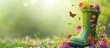 Bright rubber boot with spring flowers inside and butterflies around on blurred nature background, concept of the arrival and celebration of spring