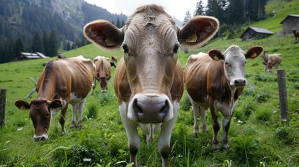 Canvas Print - a group of cows are grazing on a green pasture 