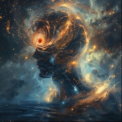 Wall Mural - A human profile emerges from a spiral galaxy, suggesting deep contemplation and the vastness of thought
