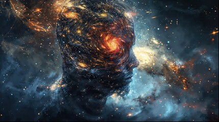 Wall Mural - surreal digital art of a human profile with galaxy patterns replacing the brain, enhancing the conce