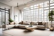a modern seating area with a sleek sofa near a grid window, where natural light accentuates the texture of a stucco wall, creating a tranquil haven of contemporary design.