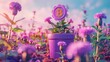 A vibrant purple plant pot with a blooming Bitcoin symbol as a flower, surrounded by other altcoin symbols as budding flowers, set against a dreamy sky to signify a thriving crypto ecosystem