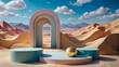 3D Render of Abstract Surreal Pastel Landscape with Arches and Podium - Panoramic Stock Image for Product Display