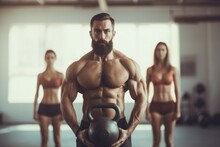 A Man Holding A Kettlebell In A Gym. Perfect For Fitness And Workout Concepts