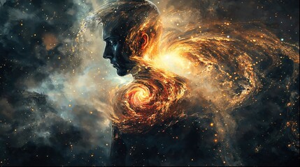Wall Mural - A mystical human silhouette emerges from a cosmic whirlpool, blending space and humanity in a celestial dance