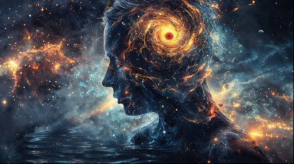 Wall Mural - A mystical cosmic woman gazes into space as stars and galaxies swirl within her flowing hair, evoking a sense of wonder