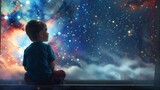 Fototapeta  - A young boy sitting on a window sill looking out at the stars, AI